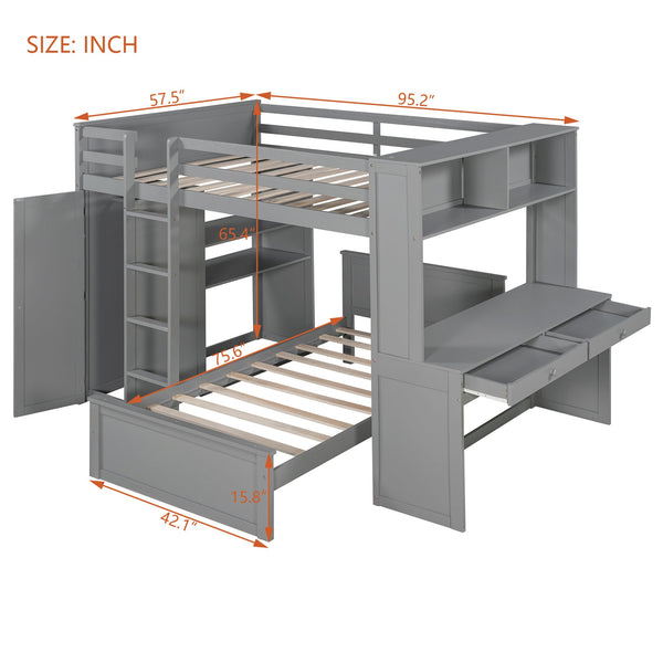 English Elm Full Twin Loft Bed with Desk Wardrobe Shelves Pine Wood Frame Kids Bedroom Gray LT000821AAE-1