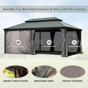 English Elm 12' X 20' Hardtop Gazebo - Durable Outdoor Metal Canopy With Curtains, Netting & Aluminum Frame, Grey W1859S00157