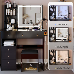 English Elm 37" Vanity Table Set with Led Mirror Stool Built-in Outlets and Hair Dryer Storage Black W3258P448840