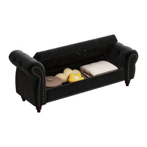 English Elm 64.5" Bed Bench with Storage Velvet Upholstery — Tufted Chaise Lounge, Solid Wood Frame, 400lb Capacity Black W1097P202877