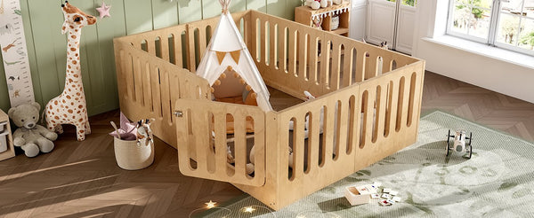 English Elm Queen Solid Pine Montessori Floor Bed for Kids with House Frame and Built-in Door Natural W5305P420640