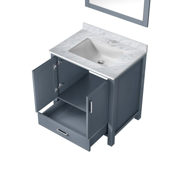 English Elm Dark Grey Bath Vanity With Carrara Marble Top & Mirror - Stylish 30" W Storage Solution For Modern Spaces B2731S00673