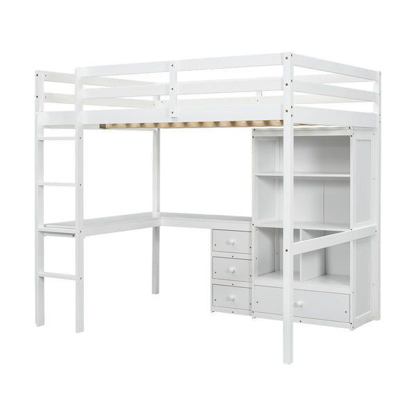 English Elm Full Size Loft Bed With Integrated Desk, Storage Shelves, Drawers & Safe Ladder - Stylish & Space-Saving W504S00161