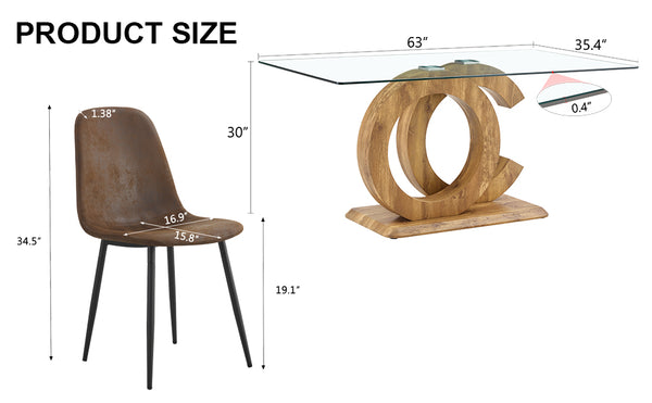 English Elm 1 Stylish Rectangular Dining Table With 6 Brown Chairs - Clear Glass Top & Modern Mdf Base Set W1151S04024