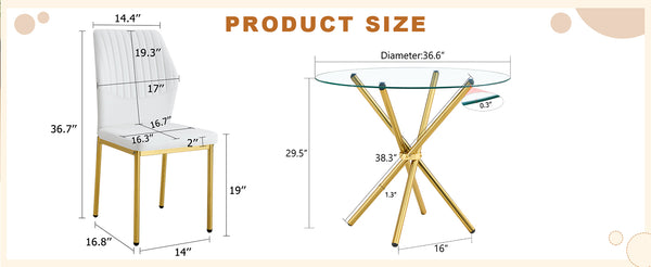 English Elm 4-Piece Modern Luxe Dining Set With Round Glass Table & Elegant White-Gold Chairs For Stylish Interiors W1151S03685