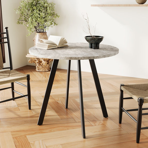 English Elm Modern Minimalist Circular Dining Table – Gray Cement Finish, Compact Design For Cafés & Offices W1727P251172