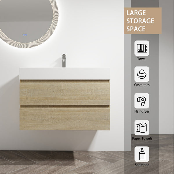 English Elm 36" Wall-Mounted Bathroom Vanity With Resin Sink & Soft-Close Drawers For Modern Spaces W999S00198