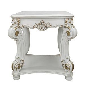 English Elm Antique Pearl End Table with Scrolled Trim and Lower Display Shelf for Elegant Traditional Décor White B062P186419