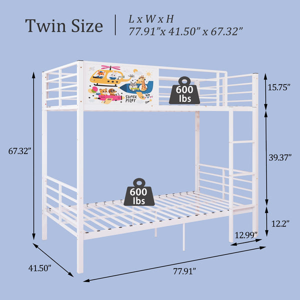 English Elm Metal Twin Over Bunk Bed with Full Guardrail Ladder and Convertible Iron Frame W3752S00023