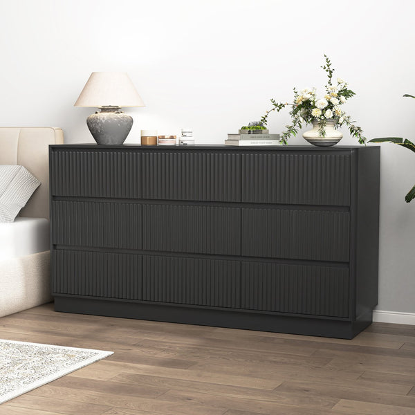 English Elm 9 Drawer Matte Wood Dresser with Wave Front Mid Century Modern Low Profile Storage Black W409P387577