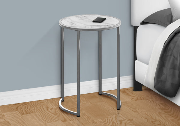 English Elm Accent Table - Elegant Round Design With White Marble Look And Grey Metal Base For Modern Spaces B2710P218983