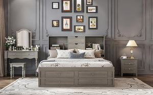 English Elm King Platform Bed with 8 Drawers Open Headboard Compartments and Pine Wood Frame Gray GX000454AAE-1