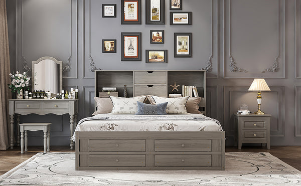 English Elm King Platform Bed with 8 Drawers Open Headboard Compartments and Pine Wood Frame Gray GX000454AAE-1