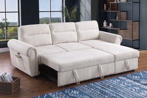 English Elm Ugo Chenille Sleeper Sectional Sofa with Storage Chaise and Built-in Usb Charging Ports Beige B2749S00071