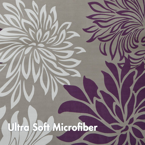 JLA Home Madison Park Essentials - Printed Floral Maible Shower Curtain 72x72, Ultra-Soft Microfiber Grey with Purple/White Blooms, Machine-Washable MPE70-816