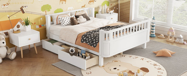 English Elm Twin Kids Platform Bed Solid Pine White Finish with Storage Drawers and Safety Rails White W2593P409116