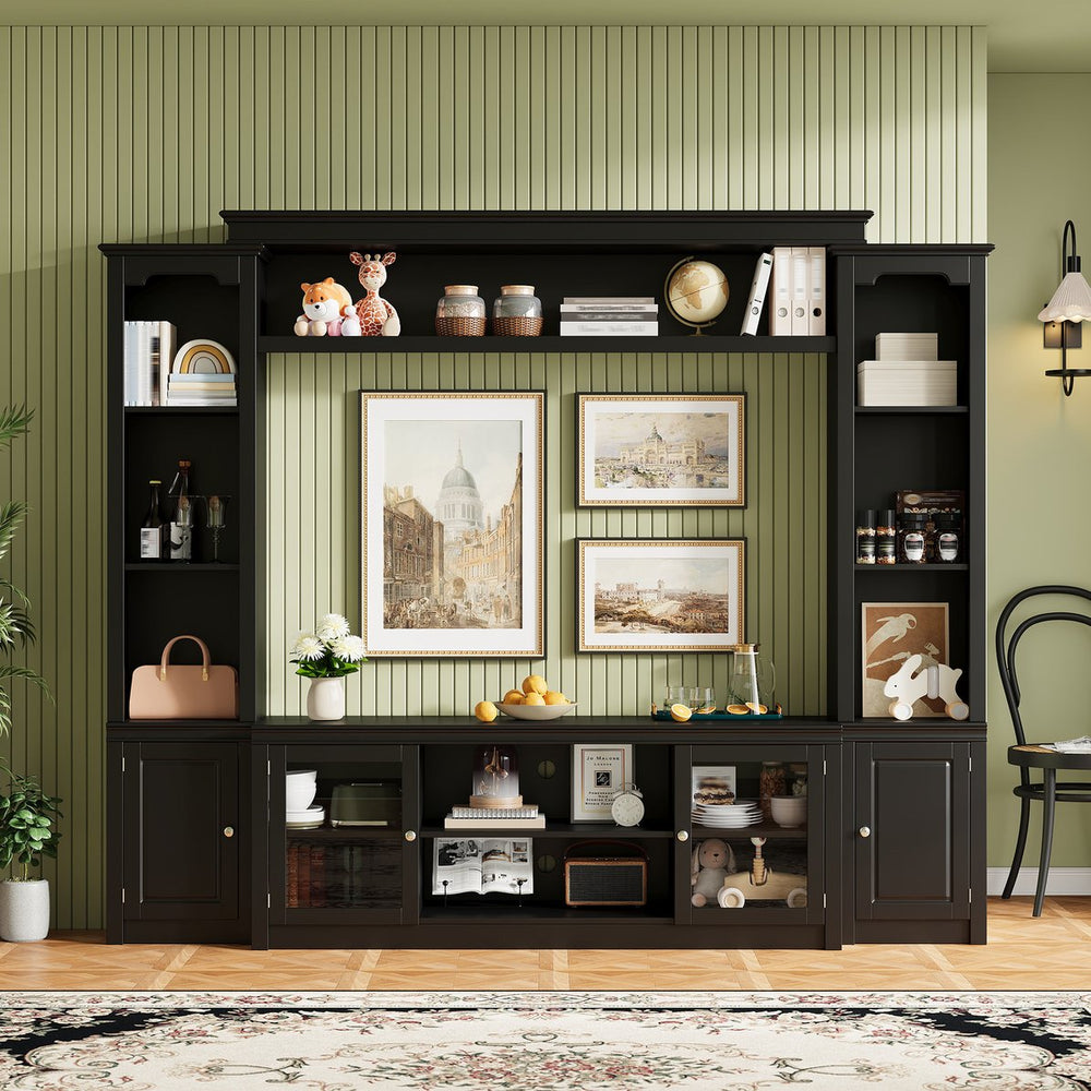 English Elm Entertainment Wall Unit with Glass Doors Open Shelving Mdf Living Room Storage Black N710S688102B