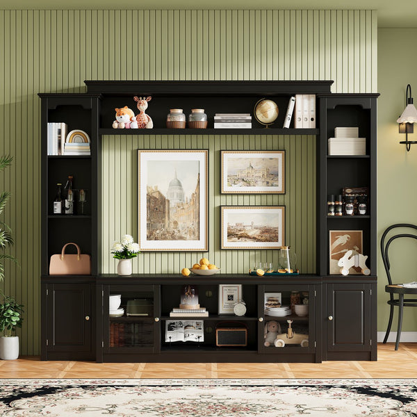 English Elm Entertainment Wall Unit with Glass Doors Open Shelving Mdf Living Room Storage Black N710S688102B