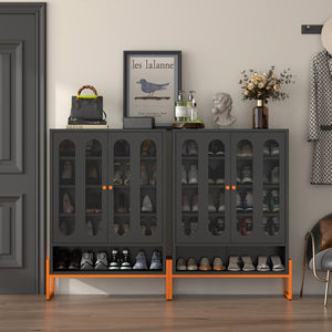 English Elm Modern Entryway Shoe Cabinet with Butterfly Doors Ventilated Shelves Steel Handle W1247P257580