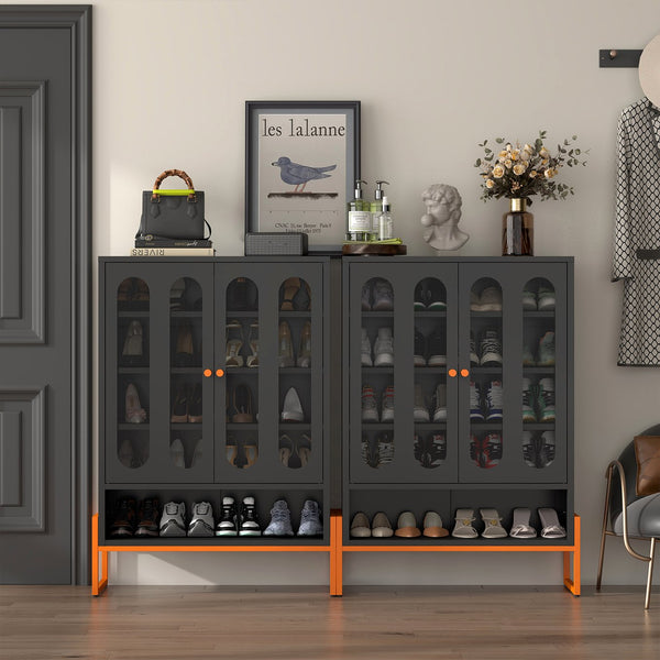 English Elm Modern Entryway Shoe Cabinet with Butterfly Doors Ventilated Shelves Steel Handle W1247P257580