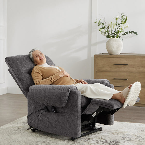 English Elm Jennifer Taylor Home - Glenn Power Lift Assist Recliner - Steel Gray Chenille, Lumbar Pillow, Side Pocket, Quiet Motor B2719P328584
