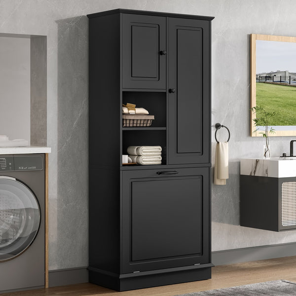 English Elm Tall Storage Cabinet with Flip-Out Basket, Adjustable Shelves & Aluminum Handles for Organized Living Black N725P322739B