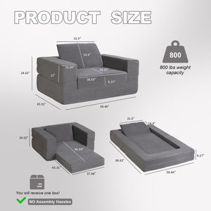 English Elm Compression Human Dog Sofa Bed 3-in-1 Folding Corduroy Floor Couch with Memory Foam Pillow for Living Room DARK GREY W3723P376784