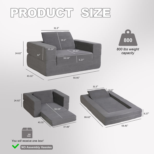 English Elm Compression Human Dog Sofa Bed 3-in-1 Folding Corduroy Floor Couch with Memory Foam Pillow for Living Room DARK GREY W3723P376784