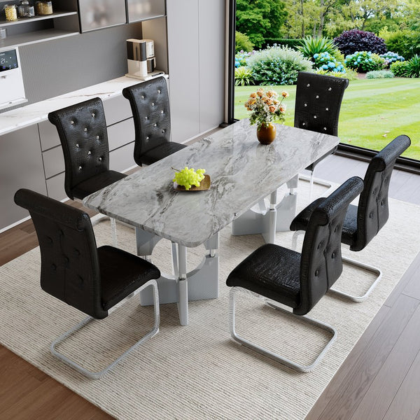 English Elm Modern White Faux Marble 7 Piece Dining Set Tufted Pvc Chairs for Kitchen Black,Grey W3875S00060