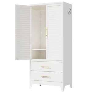 English Elm White Steel Freestanding Wardrobe Cabinet with Rod and Shelves for Dorm or Apartment T2398P480393