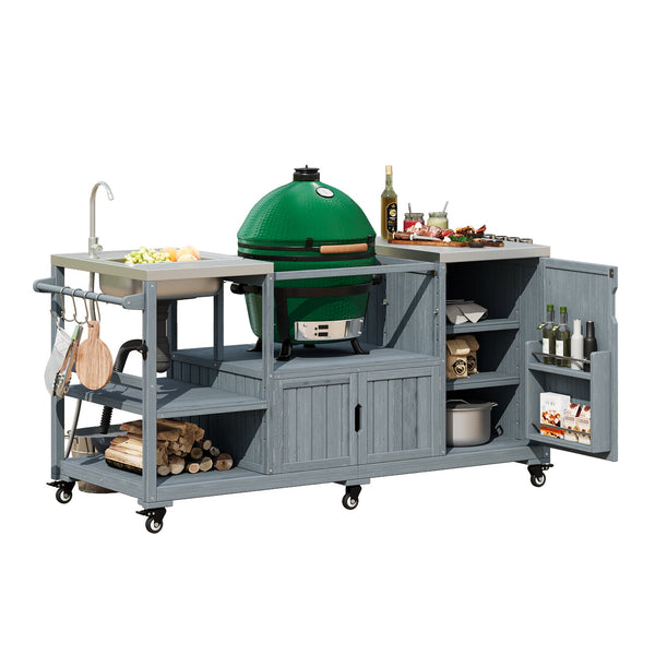 English Elm K&k Solid Fir Outdoor Kitchen Island with Sink Stainless Steel Top and Grill Cutout Grey+Blue N707S000022G