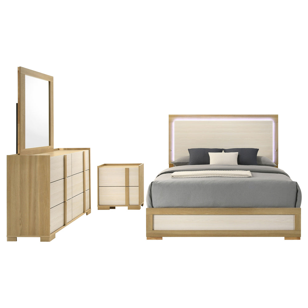 English Elm Lincoln Queen Bedroom Set with Led Headboard Italian Modern Natural Wood Finish B062S01836