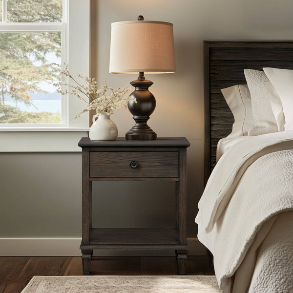 English Elm Victoria Aged Oak Nightstand with Solid Wood Legs, Wire-Brushed Veneer, Drawer & Open Shelf Brown 27 L x 22.75 W x 27.63 H B035P341164