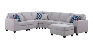 English Elm Cristiano Modular Linen Sectional Sofa with Ottoman Cupholders and Six Throw Pillows B2749S00101