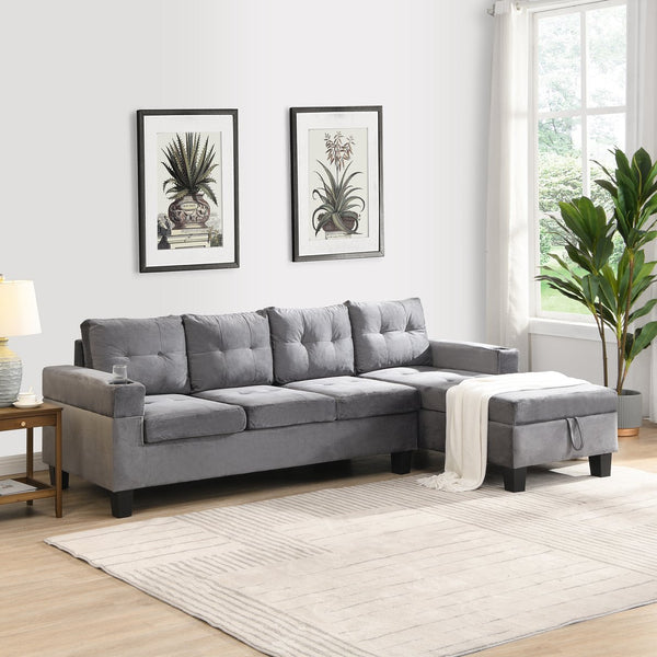 English Elm Sectional PU Sofa Set with L-Chaise, Built-In Cup Holders, Thick Foam Cushions, Modern 4-Seater Comfort Grey 60.62 L x 29.52 W x 13.78 H W2297S00017