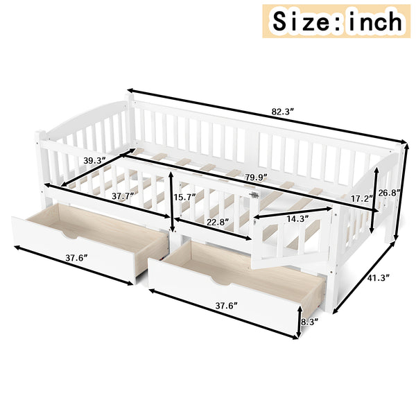 English Elm Twin Xl Kids Platform Bed Pine Wood Frame with Guardrails and Under Bed Storage White W1580P383111