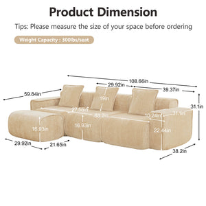 English Elm Streamlined Velvet L-shaped Sectional Sofa with Ottoman and Cloud Cushion Living Room Light Camel W3041S00352