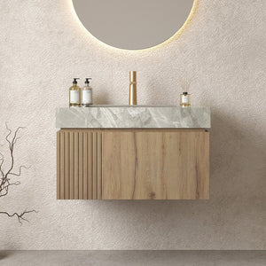 English Elm MURI Luxury Wall-Mounted 30" Bathroom Vanity with Sintered Stone Countertop and Ceramic Basin, Plywood Cabinet Light Gray,White Oak W2615S00334