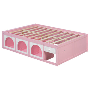 English Elm Full Size Kids Platform Bed with Led Lighting Bookshelf Display Cabinet and Storage Drawer Pink+White N820S00077H