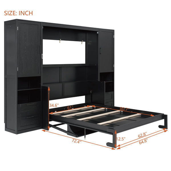 English Elm Queen Murphy Fold Down Wall Bed with Wardrobe Drawers and Shelves for Guest Rooms LP000909AAB