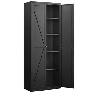 English Elm 2 Door Steel Pantry Cabinet Powder Coated Finish Gold Hardware Adjustable Shelves Tall Storage Black T3625P366653