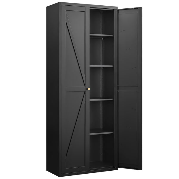 English Elm 2 Door Steel Pantry Cabinet Powder Coated Finish Gold Hardware Adjustable Shelves Tall Storage Black T3625P366653