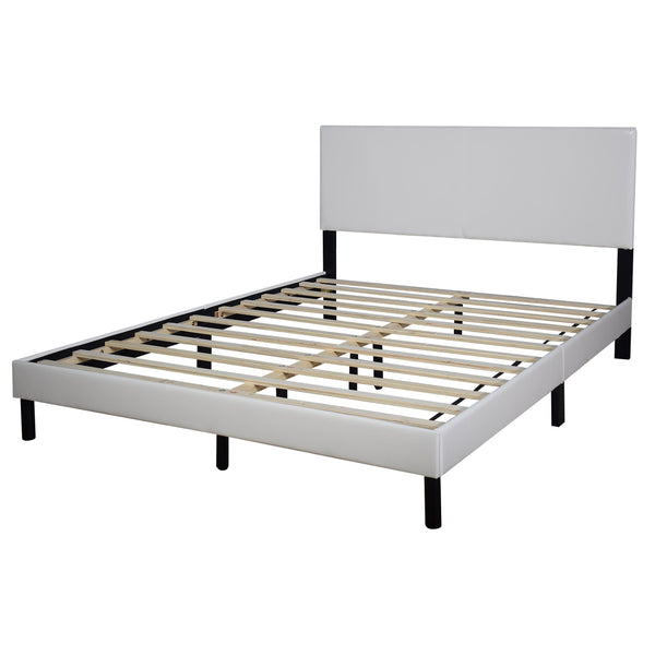 English Elm Modern White Pu Leather Platform Bed Upholstered Frame with Wood Slat Base Support B2771P498523