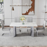 Hearth and Haven Modern Minimalist Dining Table. Imitation Marble Glass Sticker Desktop, Stainless Steel Legs, Stable and Beautiful. 4 Premium Leatherette Seats. 63 Inches x 35.4 Inches x 29.5 Inches Dt-69 C-1162 W1151S00838 W1151S00838