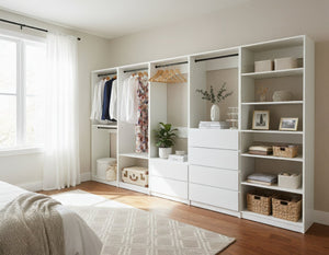 English Elm Prosper White Freestanding Walk-In Wood Closet System with Oak Finish, Durable Melamine Build, Modular Storage Solutions B040S00135