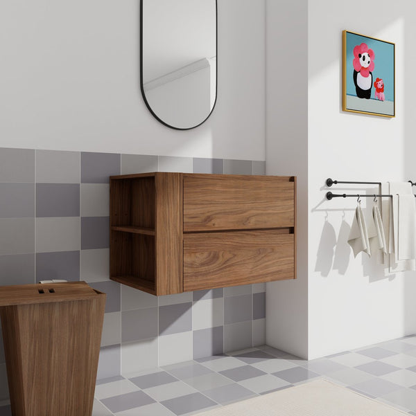 English Elm 30" Wall Mounting Bathroom Vanity Cabinet with Adjustable Side Shelf, Soft-Close 2/3 Drawers, Water-Resistant Plywood Brown Oak W999P193006