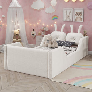English Elm Twin Kids Platform Bed Teddy Fabric Upholstered with Bunny Cushions and Safety Rails White W2593P395806