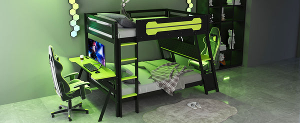 English Elm Full Size Gaming Bunk Bed with Dual Desks Usb Charging Ports and Pegboard Storage Green LT000274AAG