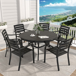 English Elm Outdoor Round Patio Dining Table with Powder-Coated Steel, Seats 6-7, Umbrella Hole, Rust-Resist Black W213P335135