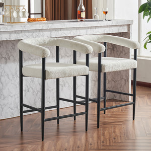 English Elm Modern Upholstered Bar Stools with Boucle Fabric and Armrests, Sturdy Metal Frame, Ergonomic Comfort White W1901P264274